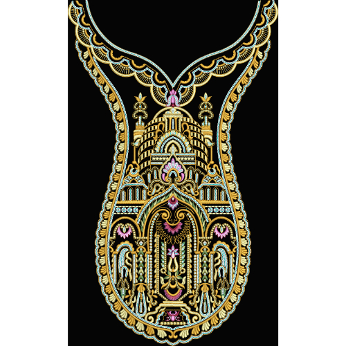 Royalty Free Ornate Mughal Style Neckline Embroidery Design with Gold and Pastel Thread Work on Black Background