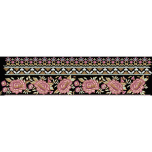 Royalty Free Floral Rose Border Embroidery Design with Pink and Gold Thread Work on Black Background