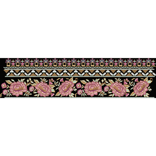 Royalty Free Floral Rose Border Embroidery Design with Pink and Gold Thread Work on Black Background
