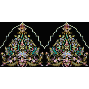Royalty Free Ornate Mughal Arch Floral Embroidery Border Design with Multicolor Thread Work on Black Background