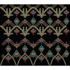 Royalty Free Ornamental Geometric Floral Embroidery Design with Multicolor Thread Work on Black Background