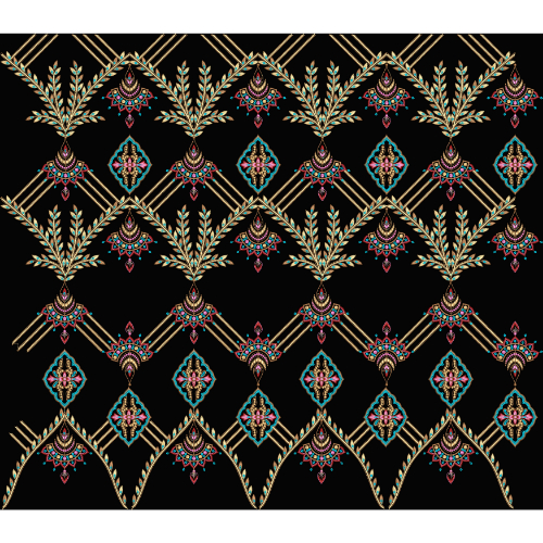 Royalty Free Ornamental Geometric Floral Embroidery Design with Multicolor Thread Work on Black Background