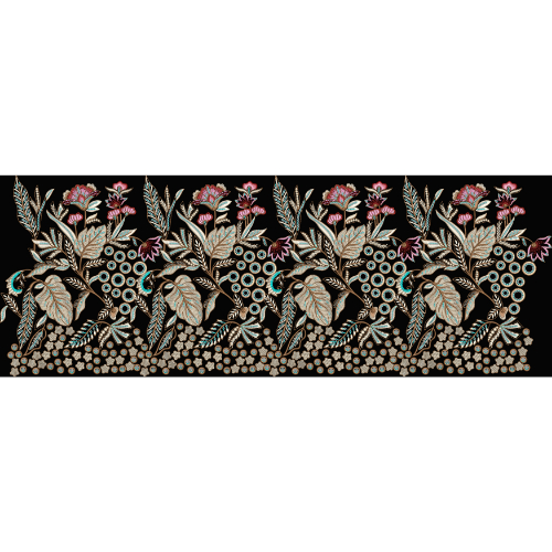 Royalty Free Floral Vine Border Embroidery Design with Beige and Pink Thread Work on Black Background