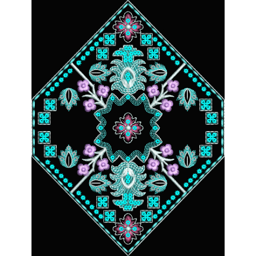 Royalty Free Geometric Floral Diamond Embroidery Design with Turquoise and Lavender Thread Work on Black Background