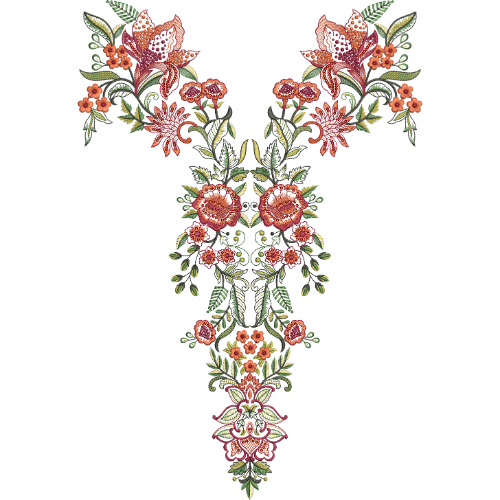 Elegant Floral Neckline Motif Textile Print in Soft Peach and Green