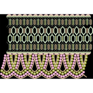 Ornamental Beaded Geometric Border Design in Pink, Gold, and Mint on Black