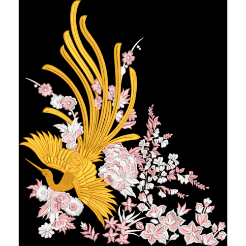 Royalty Free Golden Bird Floral Embroidery Design with Elegant Thread Work