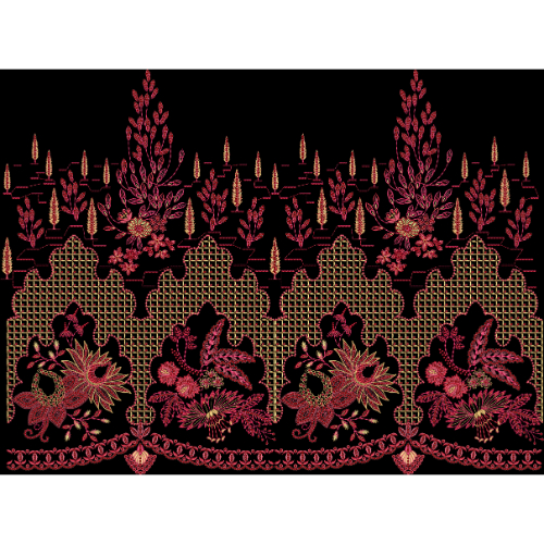 Regal Embroidered Floral Arch Border Design in Red and Gold on Black