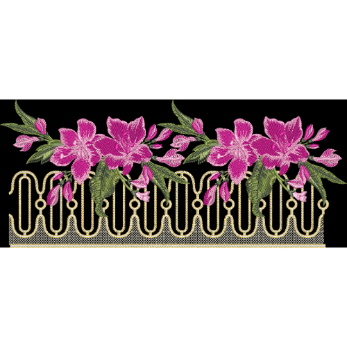 Pink Floral Embroidery Border Design with Ornamental Gold Pattern