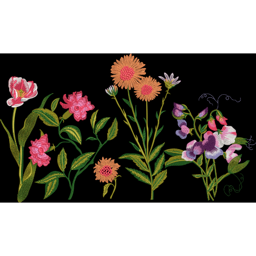 Elegant Hand-Embroidered Style Floral Border Design on Black Background