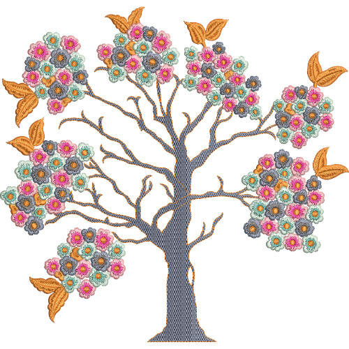 Floral Embroidered Tree with Colorful Blossoms – Decorative Textile Print Design