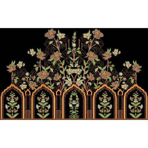 Embroidered Mughal Arch Floral Border Design with Ornamental Garden Motifs