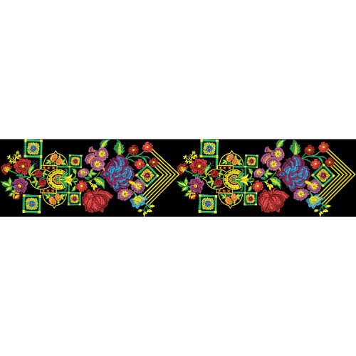 Embroidered Floral Geometric Border with Ornamental Motifs on Black Background