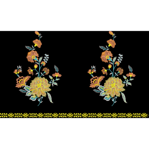 Embroidered Floral Motif Border with Elegant Blossoms on Black Background