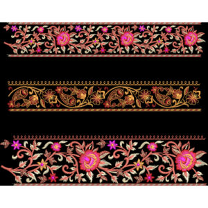 Embroidered Floral Border Set with Ornamental Vine Patterns on Black Background