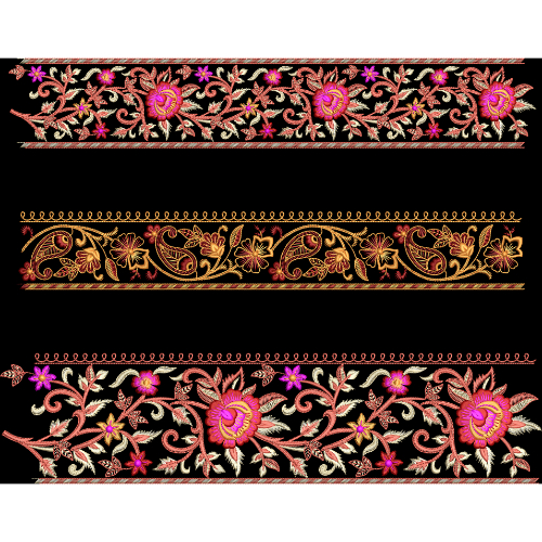 Embroidered Floral Border Set with Ornamental Vine Patterns on Black Background