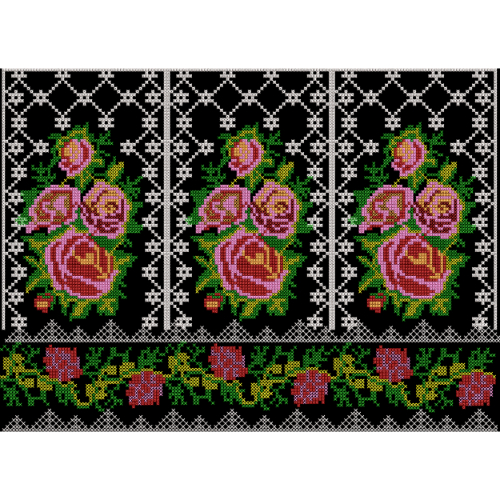 Traditional Cross-Stitch Floral Border with Rose Motifs on Black Background