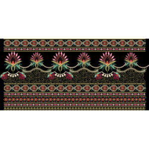 Ornate Embroidered Floral Border Set with Lotus Motifs on Black Background