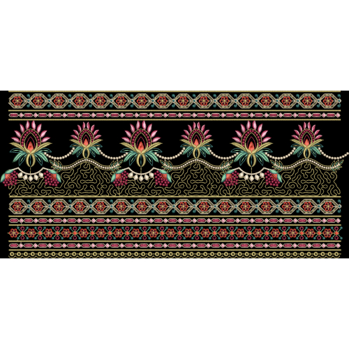 Ornate Embroidered Floral Border Set with Lotus Motifs on Black Background