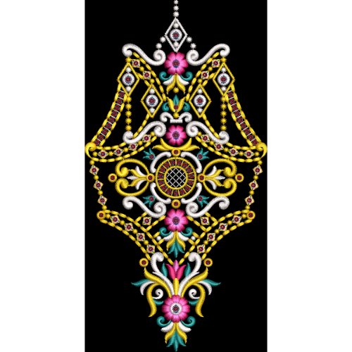 Royal Embroidered Ornamental Motif with Jewel-Inspired Floral Design