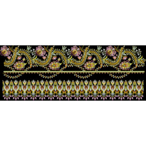 Embroidered Floral Vine Border with Ornamental Paisley Motifs on Black Background