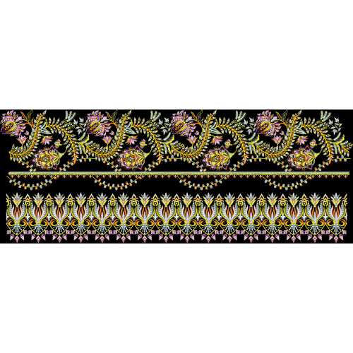Embroidered Floral Vine Border with Ornamental Paisley Motifs on Black Background