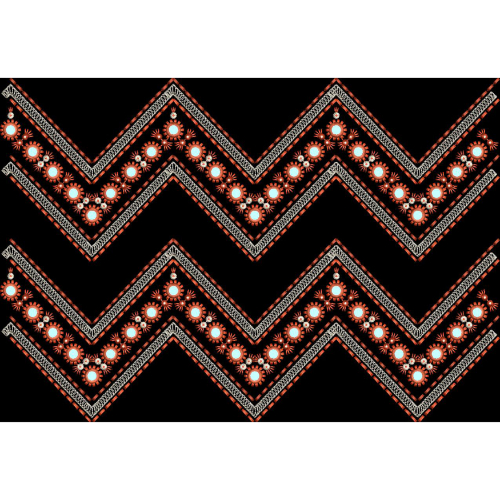 Embroidered Zigzag Geometric Border with Floral Dot Motifs on Black Background