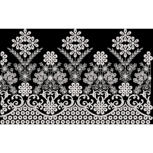Intricate White Embroidered Floral Border with Ornamental Detailing on Black Background