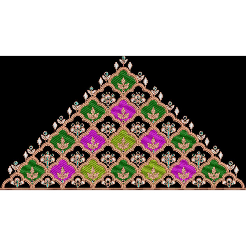Embroidered Scalloped Geometric Border with Floral Motifs on Black Background