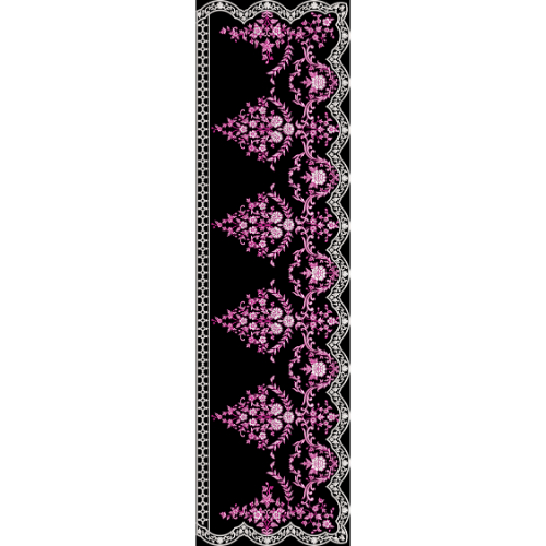 Elegant Embroidered Floral Lace Border with Pink Motifs on Black Background