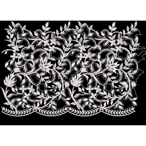 White Embroidered Floral Lace Border with Interwoven Vine Motifs on Black Background