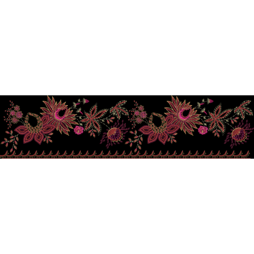 Luxury Embroidered Floral Border with Ornamental Blossoms on Black Background