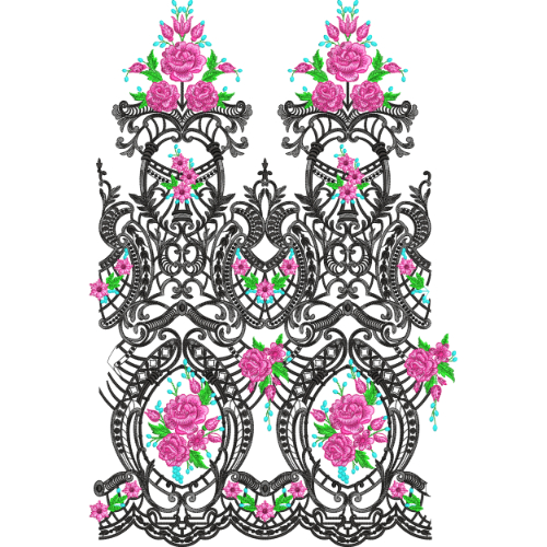 Ornate Embroidered Baroque Floral Panel with Rose Motifs