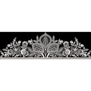 White Embroidered Floral Crown Border with Ornamental Leaf Motifs on Black Background