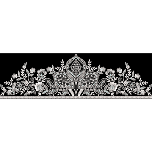 White Embroidered Floral Crown Border with Ornamental Leaf Motifs on Black Background