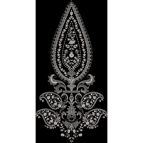 White Embroidered Paisley Motif with Ornamental Floral Detailing on Black Background