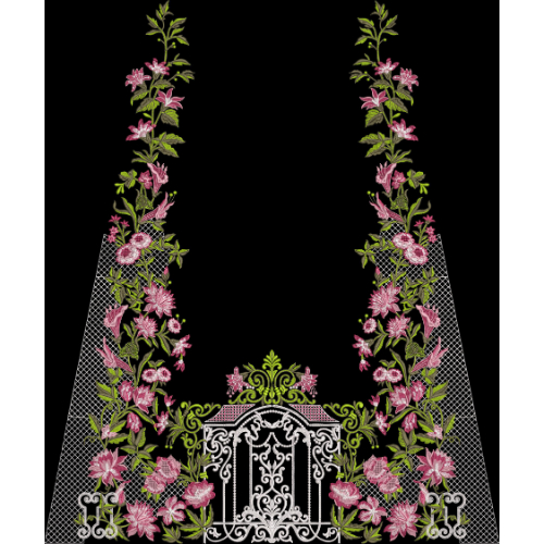 Ornate Embroidered Floral Gate Panel with Vertical Vine Motifs