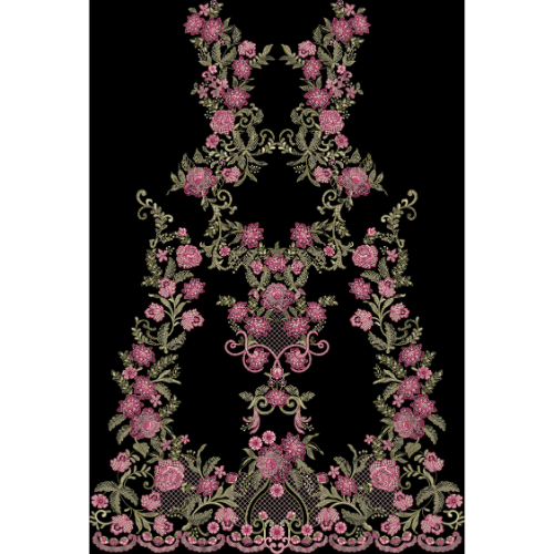 Luxury Embroidered Floral Panel with Symmetrical Rose Vines on Black Background