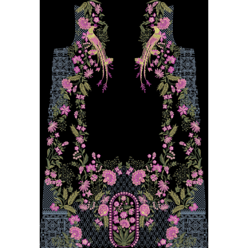 Luxury Embroidered Floral Neckline Panel with Ornamental Detailing on Black Background