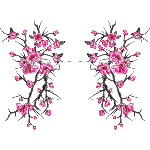 Embroidered Cherry Blossom Branch Motif with Pink Floral Accents