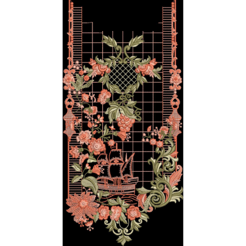 Embroidered Floral Lattice Panel with Ornamental Botanical Motifs