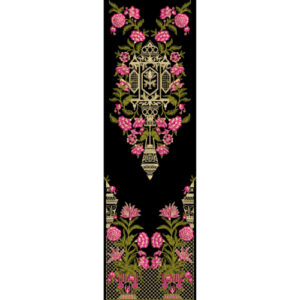 Royal Embroidered Floral Panel with Ornamental Lantern Motif on Black Background