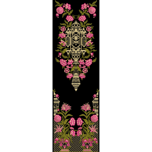 Royal Embroidered Floral Panel with Ornamental Lantern Motif on Black Background