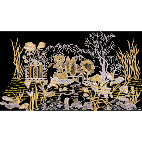 Embroidered Scenic Landscape Border with Garden Pavilion and Nature Motifs