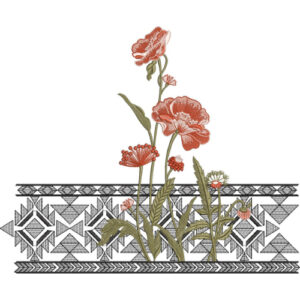 Embroidered Floral Motif with Geometric Border and Poppy Blossoms