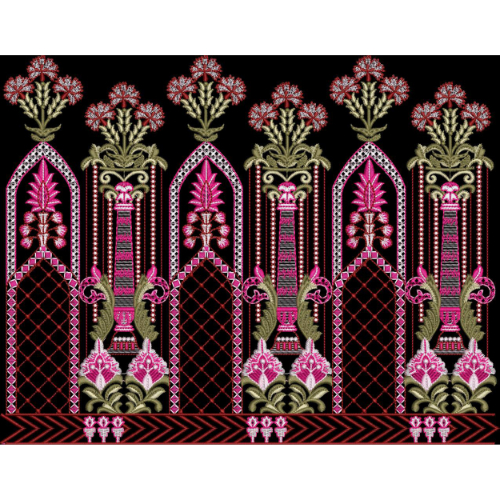 Embroidered Ornamental Arch Border with Floral and Lattice Detailing