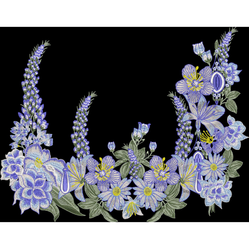 Embroidered Blue Floral Necklace Motif with Elegant Botanical Detailing
