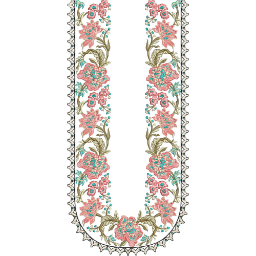 Embroidered Floral Neckline Border with Elegant Vine and Lace Detailing