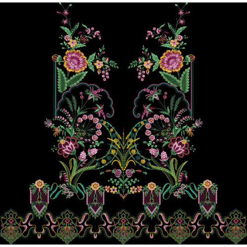 Embroidered Symmetrical Floral Panel with Ornamental Folk-Inspired Detailing