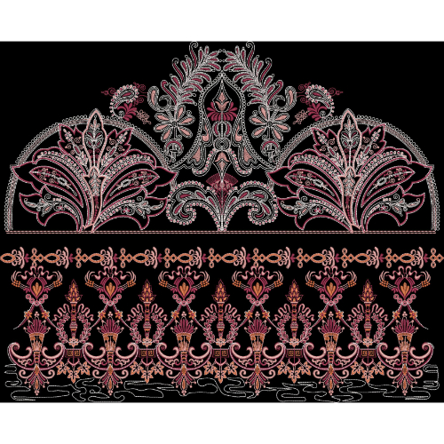 Embroidered Ornamental Border with Regal Floral Crest and Classic Motifs